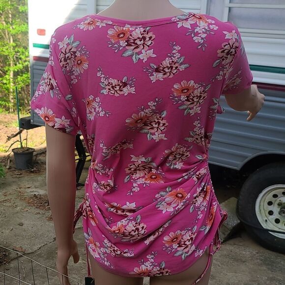 Pink Pull Tie Runched Sided Short Sleeves Floral Dress - Picture 8 of 9